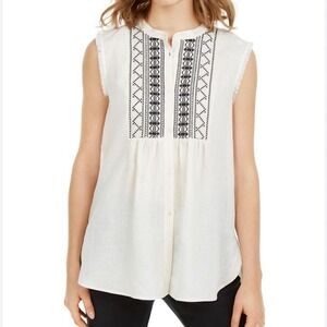 Max Mara Albany Embroidered Sleeveless Linen Fringe Tunic Blouse Tank Top Medium